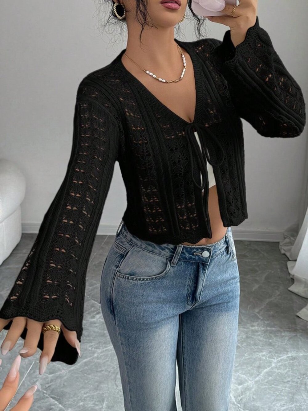 black Casual Women's Elegant Flared Sleeve Tie-Front Hollow Out Cardigan - Picture 3 of 8